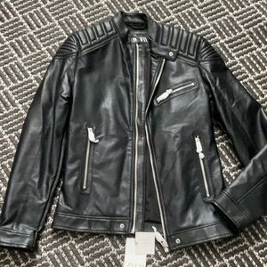New Zara Men Black Moto Biker Faux Leather Jacket Coat S